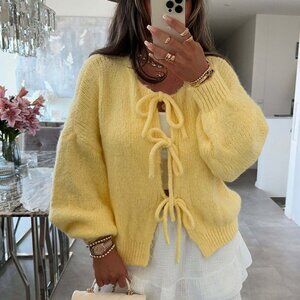 Cottagecore Tie Front Yellow Balloon Sleeve Cardigan